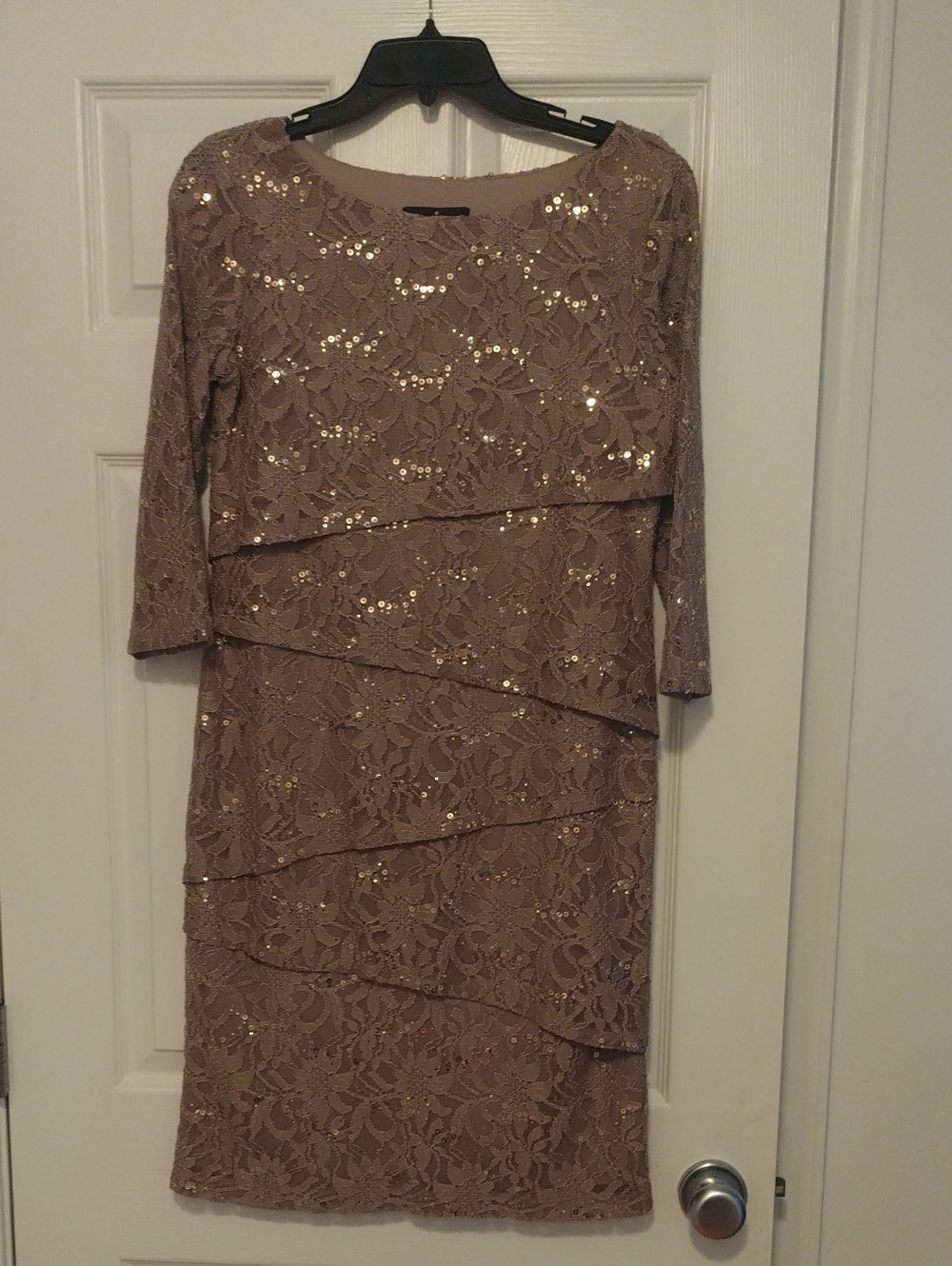 Ronni Nicole Modest Taupe Lace Sequin Midi Dress Special Event